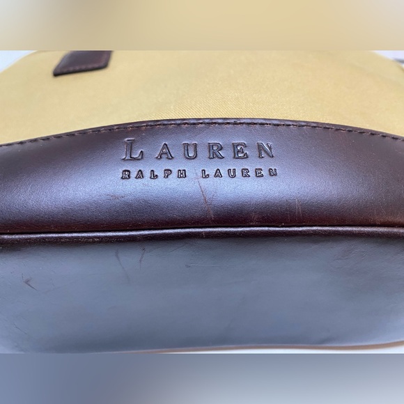 Lauren by Ralph Lauren Tan Canvas Hand Bag Purse Braided Leather Straps & Bottom - Picture 10 of 16